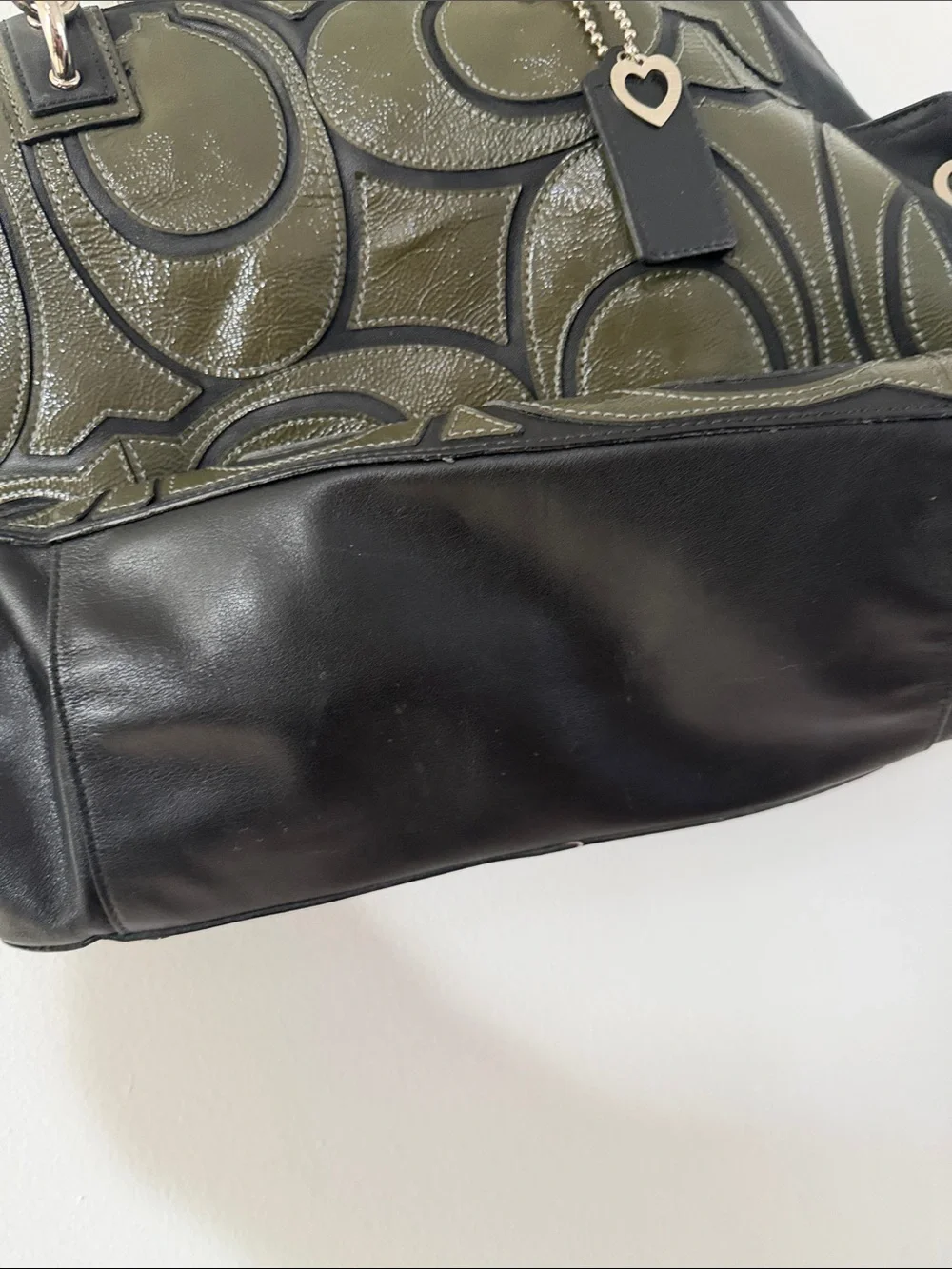 Coach Olive and Black Signature Tote with Chain Accent